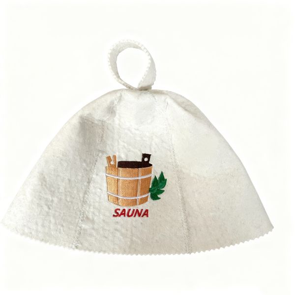 Saunahut, Filzbadehut, Bademütze Wollfilz, weiss mit Fass-Logo